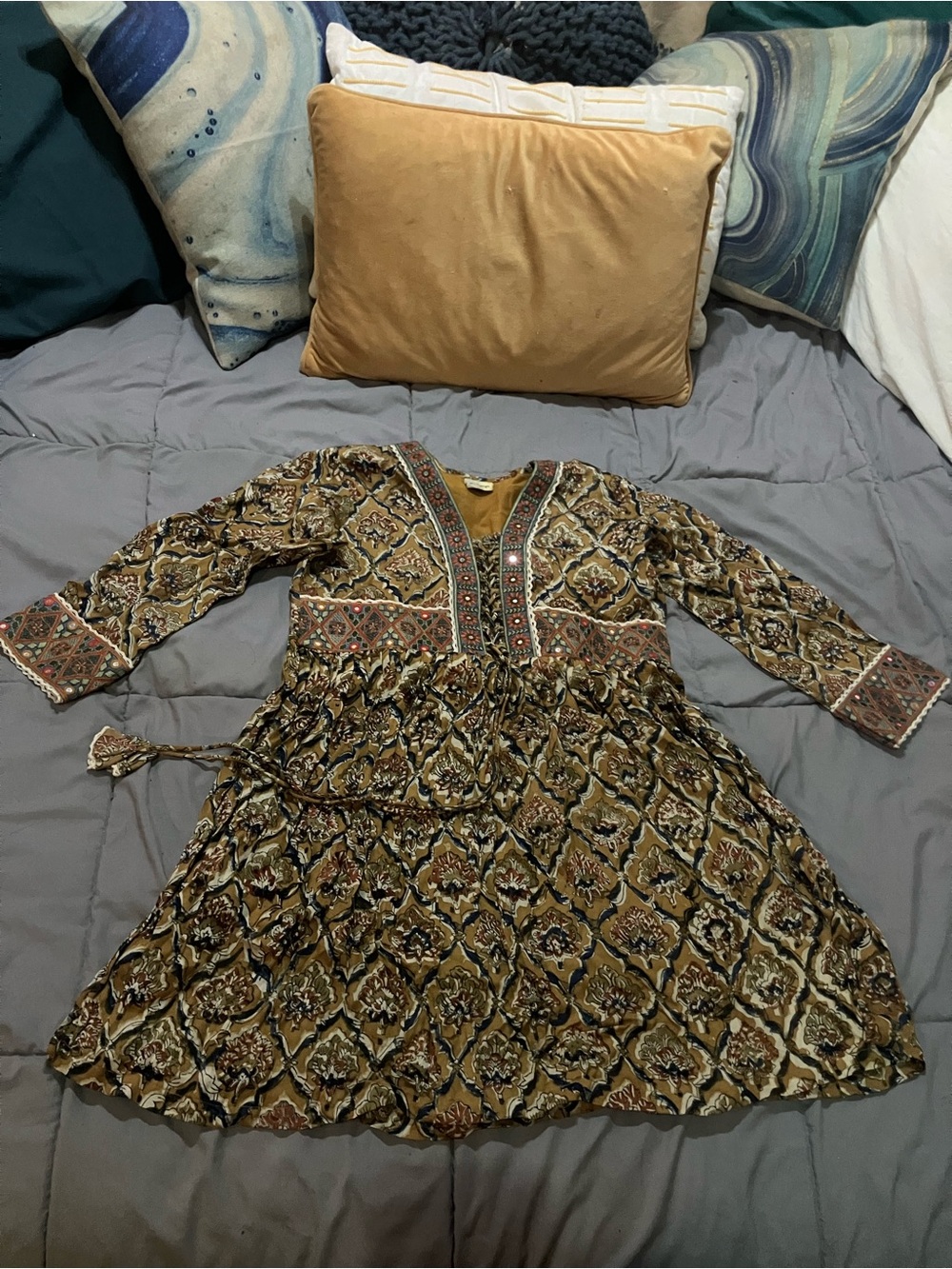Primp Boho Long-Sleeve Printed Mini Dress in Mustard and Black